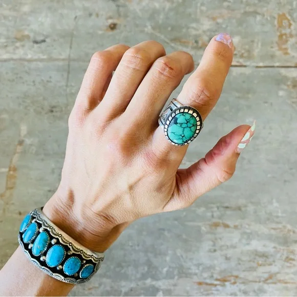 ♥️ Navajo ♥️ Aaron John Sterling Silver & Turquoise Ring - Picture 3 of 13